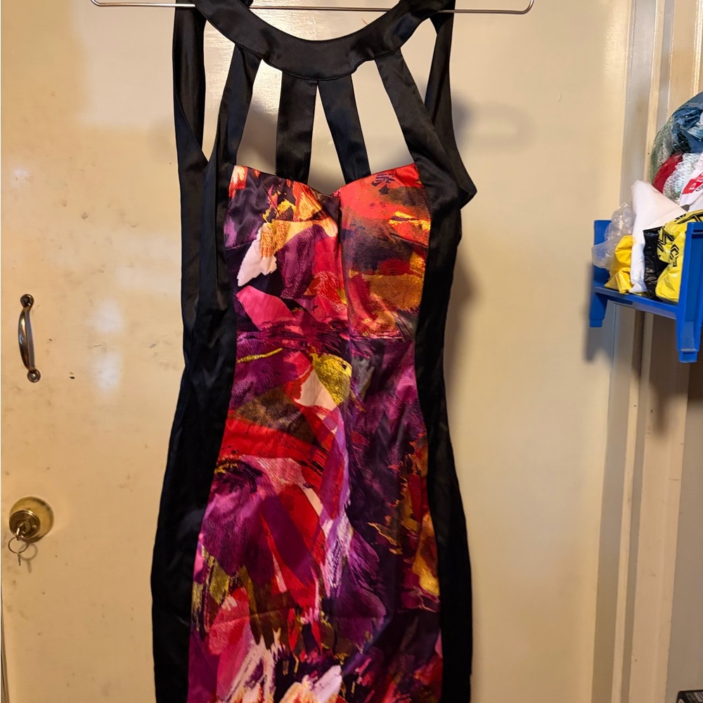 Black Panel Multi-Color Print Bodycon Dress
